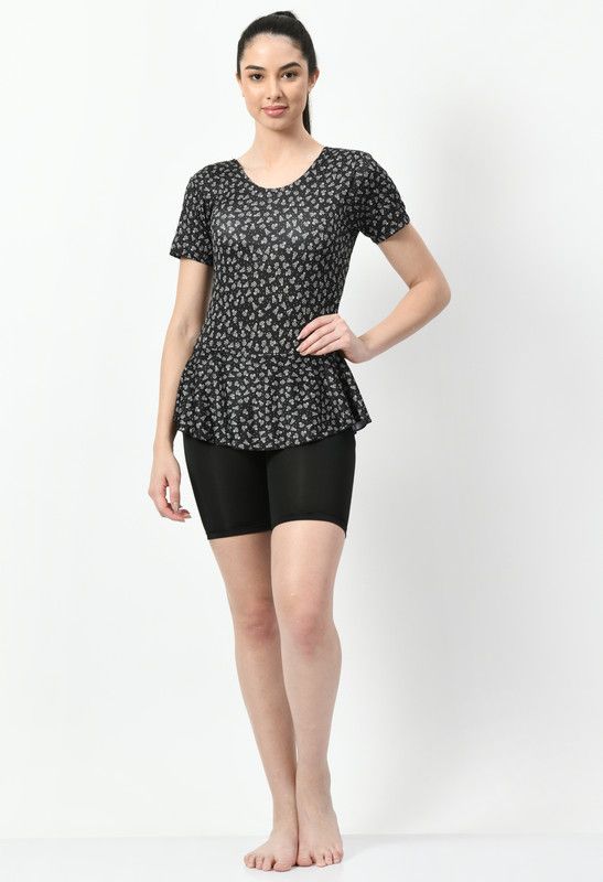 Swimwear-001 Floral Print Women Swim-dress Black Swimsuit