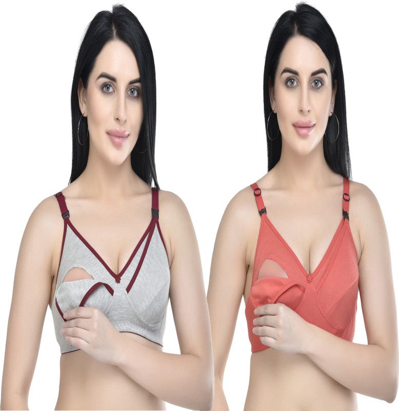 Pack of 2 Women Maternity/Nursing Non Padded Bra  (Grey, Pink)