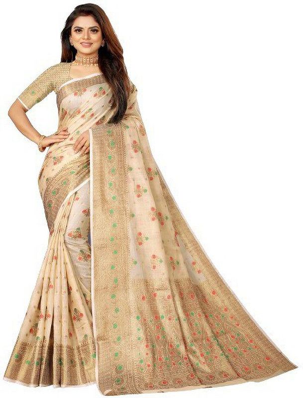 Printed, Self Design, Geometric Print, Woven, Graphic Print, Floral Print, Polka Print Bollywood Jacquard, Cotton Jute Saree  (Cream)