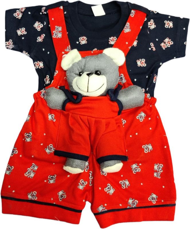 Dungaree For Baby Boys & Baby Girls Casual Self Design Hosiery  (Red, Pack of 1)