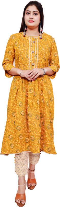 Pack of 2 Women Floral Print Cotton Blend Anarkali Kurta  (Yellow)