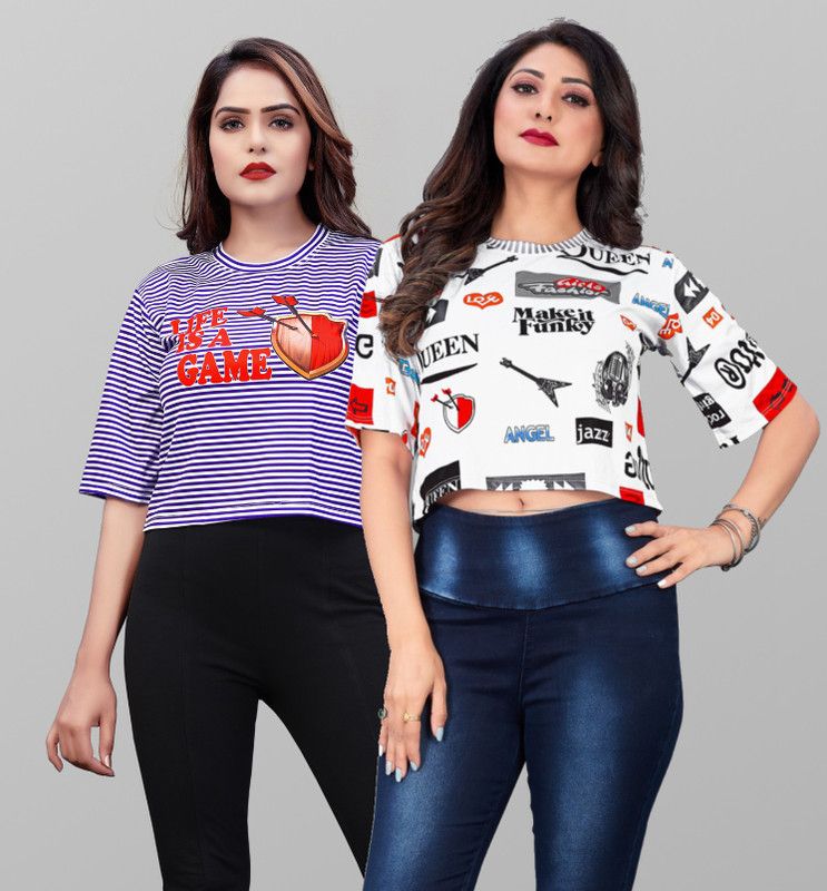 Pack of 2 Women Printed Round Neck Polyester White, Blue T-Shirt