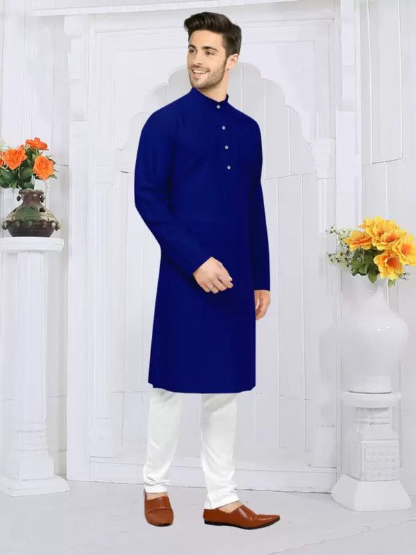 Men Embroidered Cotton Blend Asymmetric Kurta  (Blue)