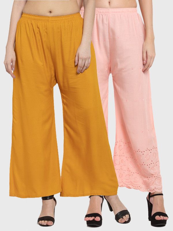 Pack of 2 Women Regular Fit Yellow, Pink Viscose Rayon Trousers