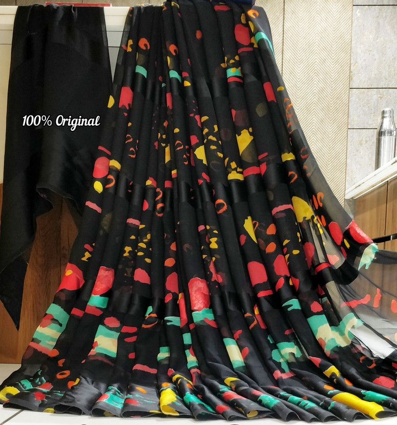 Printed Mysore Chiffon, Satin Saree  (Black)