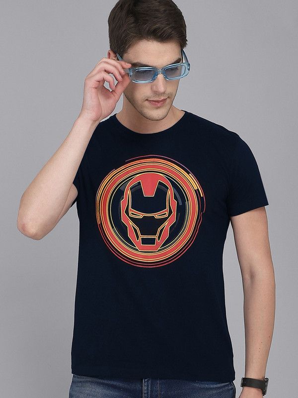 Iron Man Men Graphic Print Round Neck Pure Cotton Blue T-Shirt