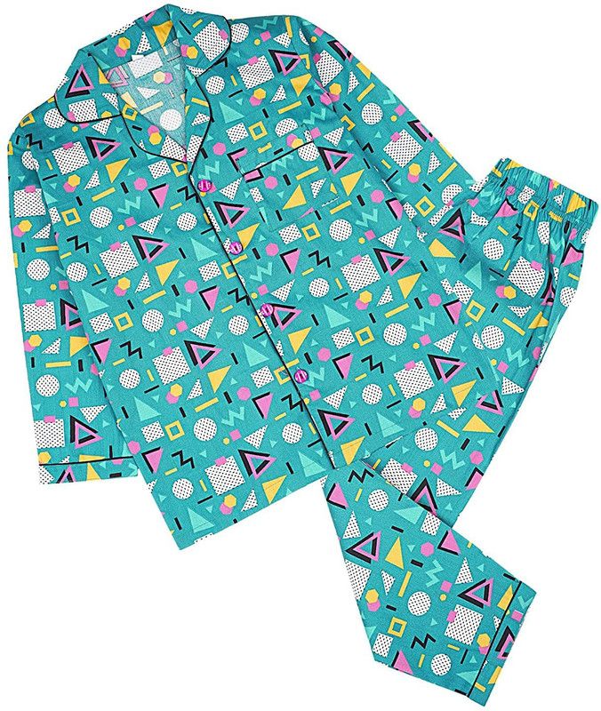 Baby Boys & Baby Girls Geometric Print Pure Cotton Kids Nightwear  (Green Pack of 1)