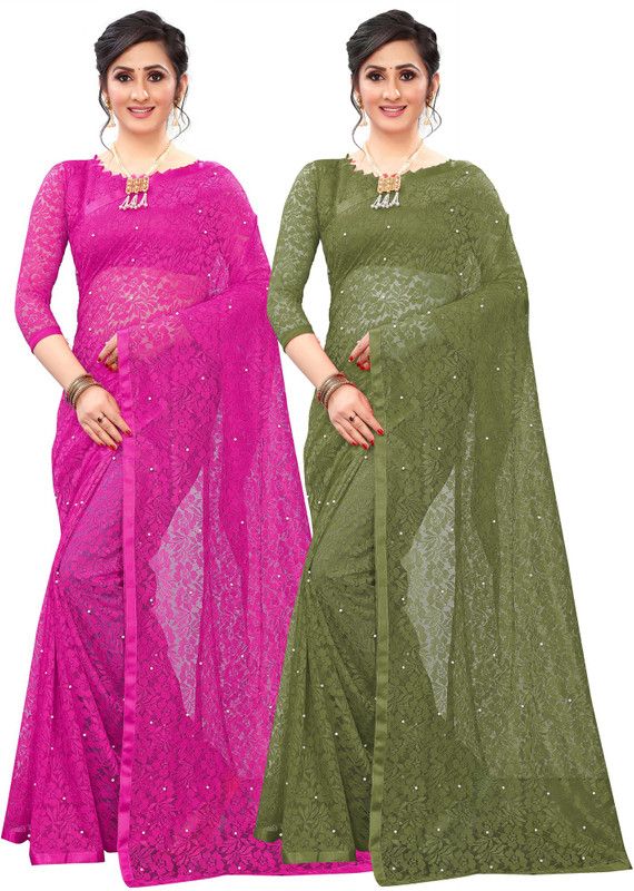Embellished Bollywood Net Saree  (Pack of 2, Green, Pink)