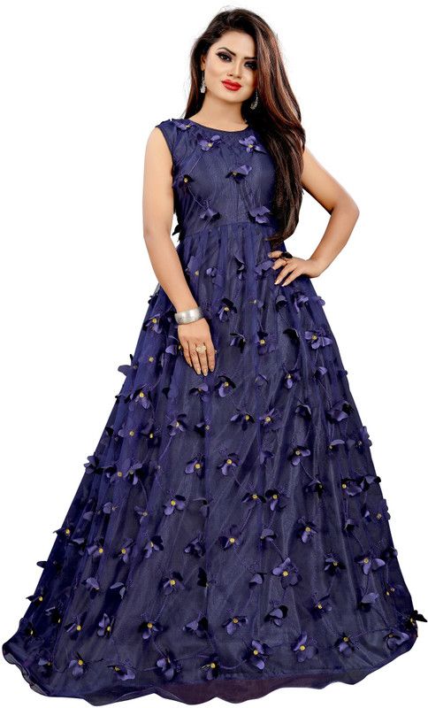 Net Semi Stitched Flared/A-line Gown  (Dark Blue)