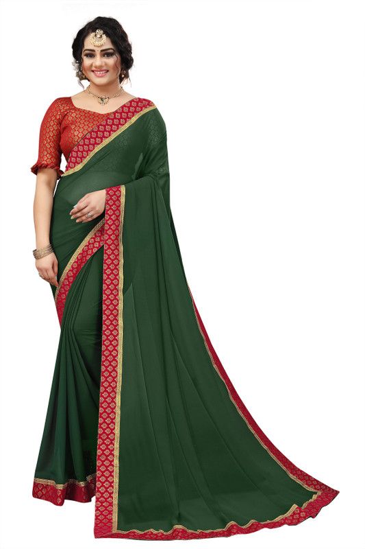 Solid/Plain Bollywood Georgette Saree  (Dark Green, Green)
