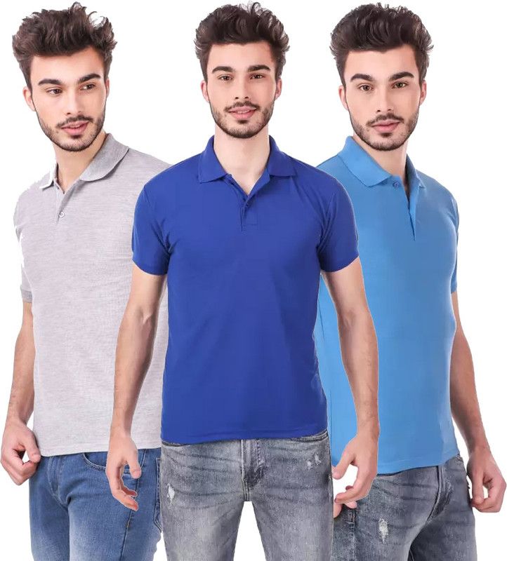 Pack of 3 Men Self Design, Solid Polo Neck Poly Cotton Light Blue, Blue, Grey T-Shirt