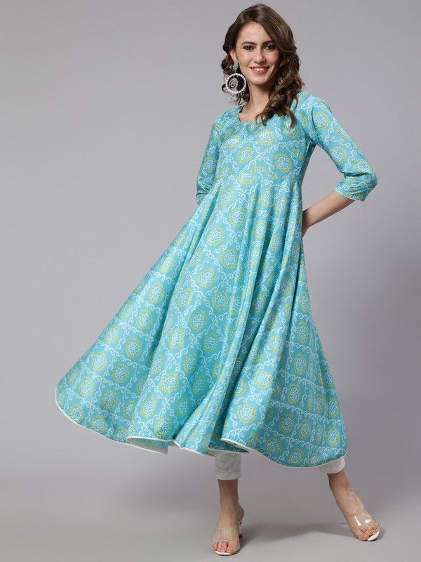 Women Printed Silk Blend Anarkali Kurta  (Light Blue)