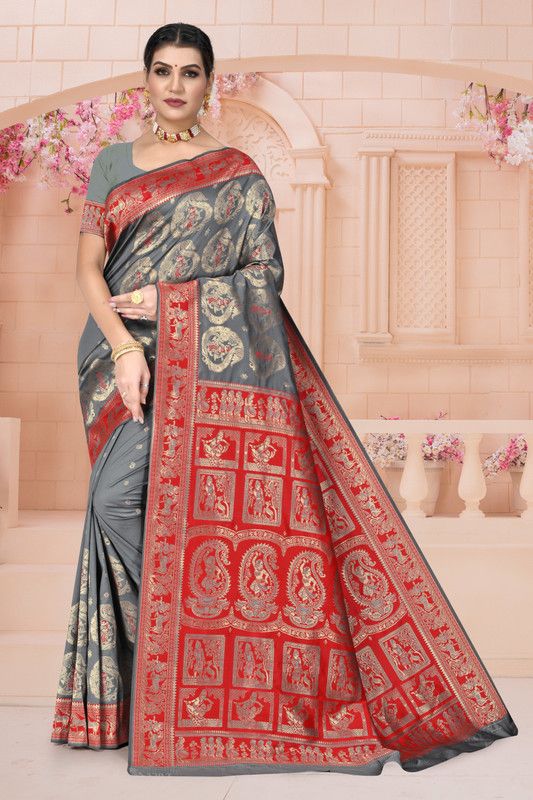 Woven Baluchari Jacquard Saree  (Red, Grey)