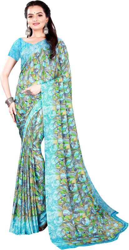 Floral Print Bollywood Crepe Saree  (Blue)