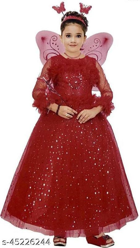 Girls Calf Length Festive/Wedding Dress  (Red, Full Sleeve)