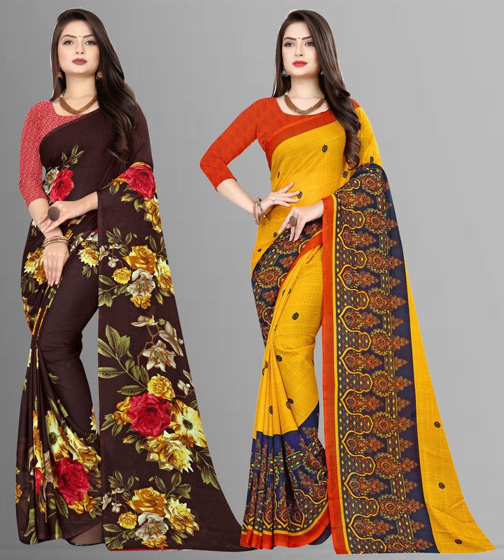 Printed Daily Wear Georgette Saree  (Pack of 2, Brown, Blue, Yellow)
