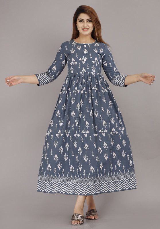 Women Printed Cotton Blend A-line Kurta  (Green)