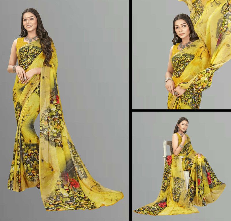 Ombre, Floral Print Daily Wear Georgette Saree  (Yellow)