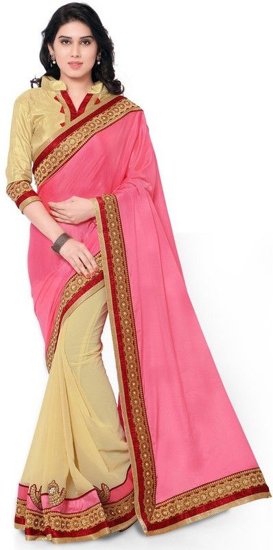 Embroidered Bollywood Georgette, Chiffon Saree  (Pink, Beige)
