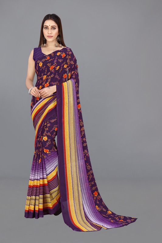 Floral Print Bollywood Georgette Saree  (Purple)