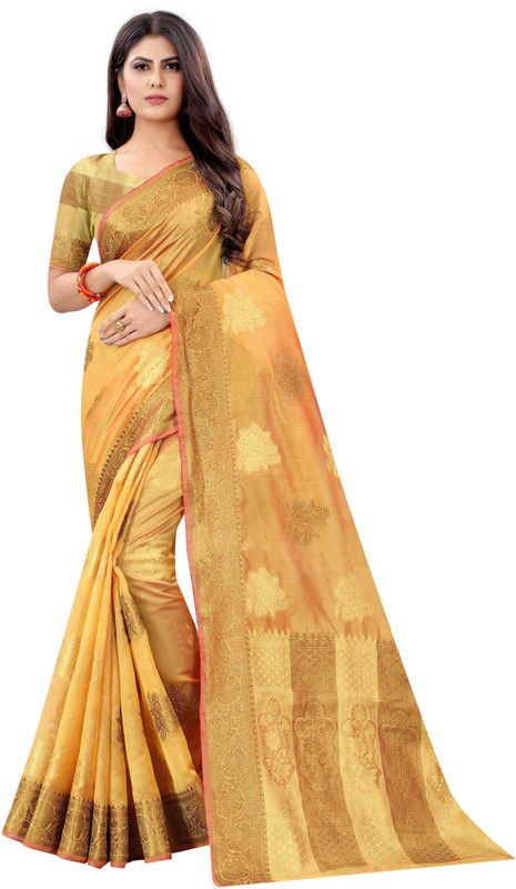 Floral Print Chanderi Jacquard Saree  (Mustard)