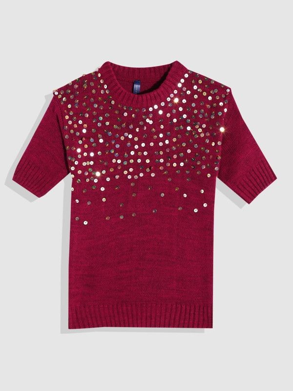 Girls Embellished Round Neck Maroon Sweater