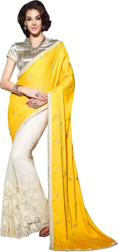 Embroidered Bollywood Satin Saree  (White)