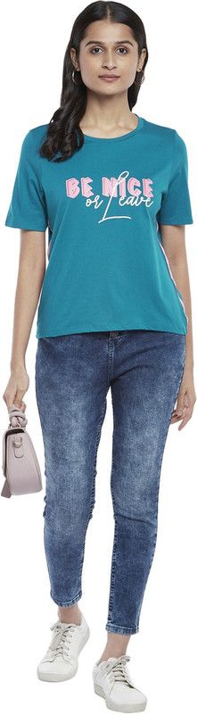 Women Striped Round Neck Pure Cotton Blue T-Shirt