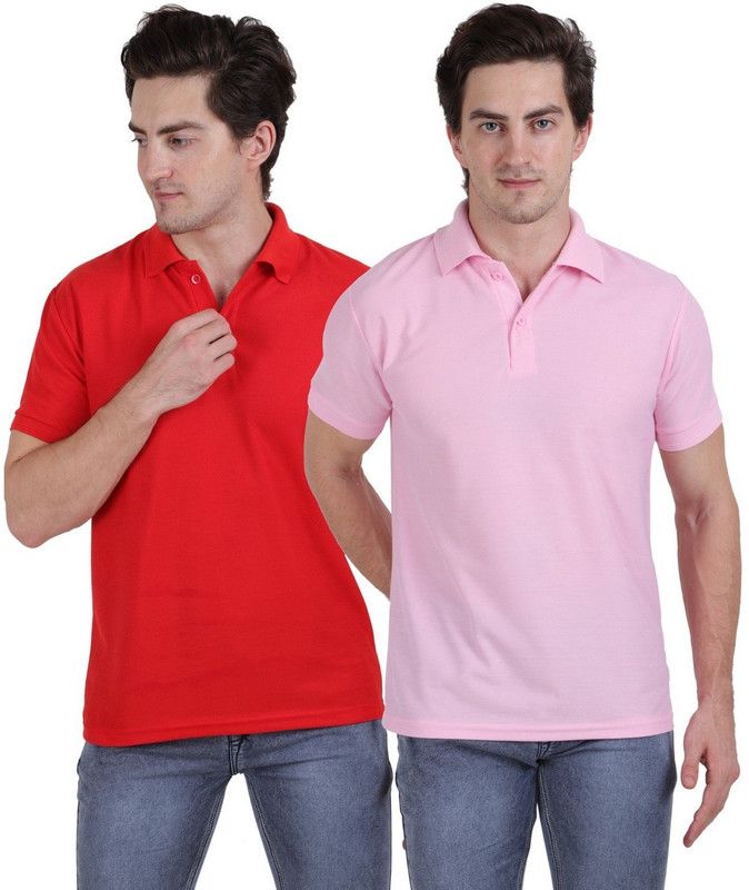 Pack of 2 Men Solid Polo Neck Cotton Blend Red, Pink T-Shirt