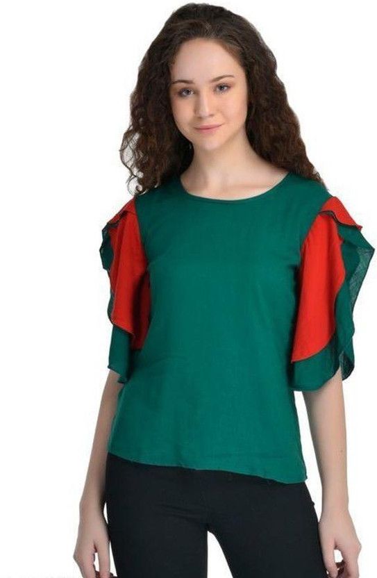 Casual Flared Sleeves Color Block Women Green, Orange Top