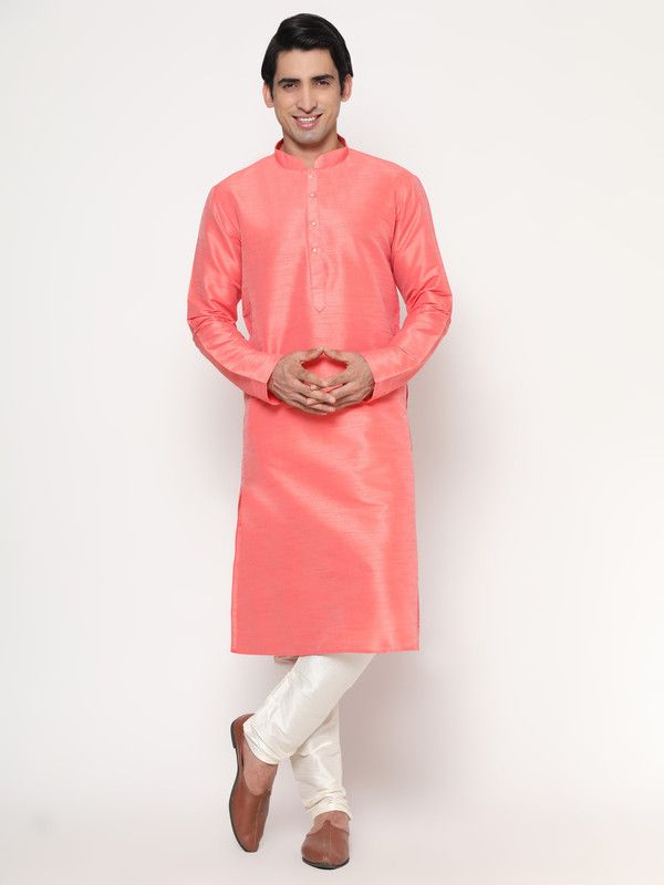 Men Solid Khadi Silk Pathani Kurta  (Orange)