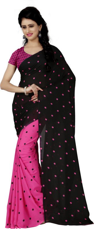 Printed, Polka Print Daily Wear Georgette Saree  (Black)