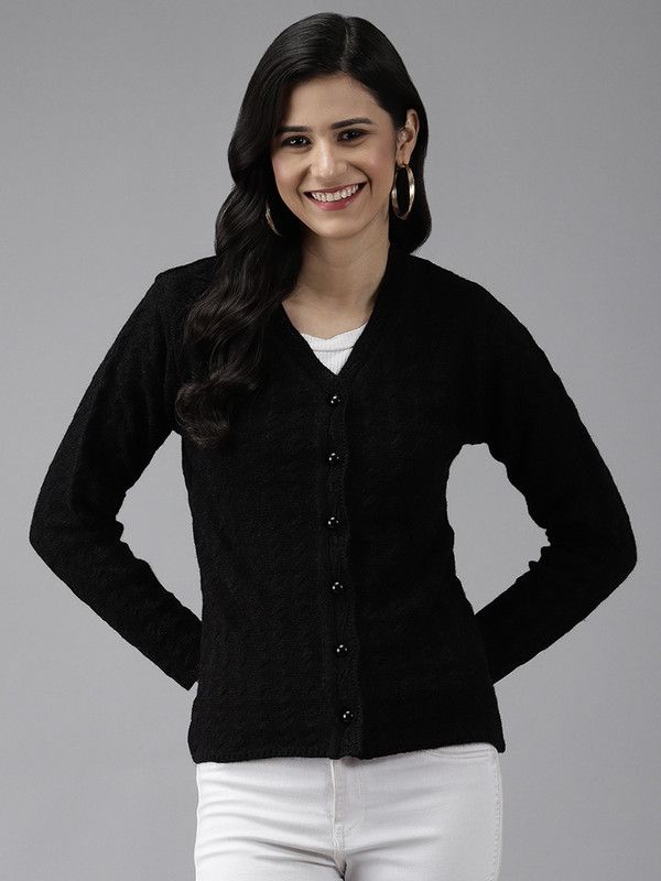 Women Self Design V Neck Black Sweater
