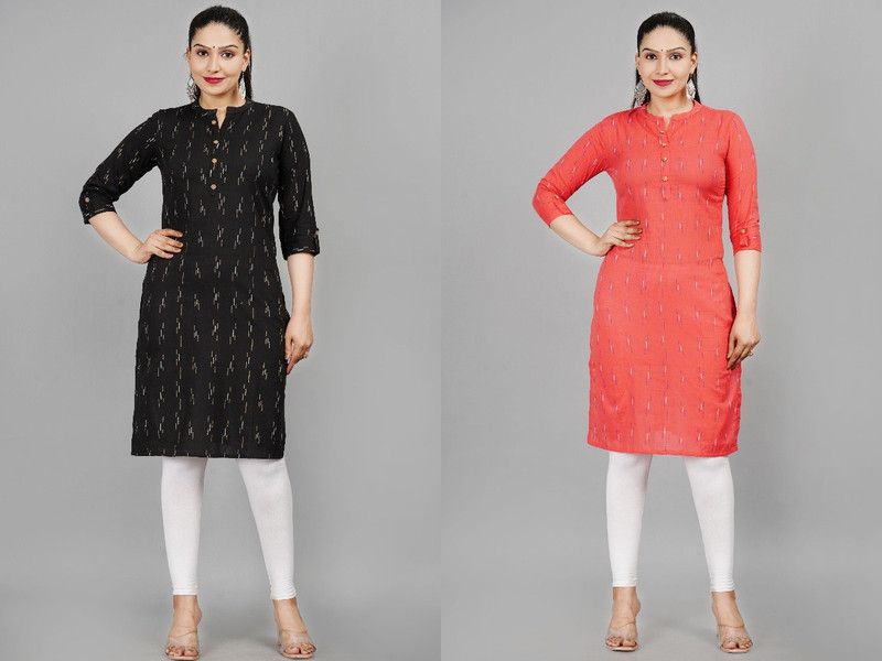Pack of 2 Women Printed Cotton Rayon Straight Kurta  (Pink, Black)