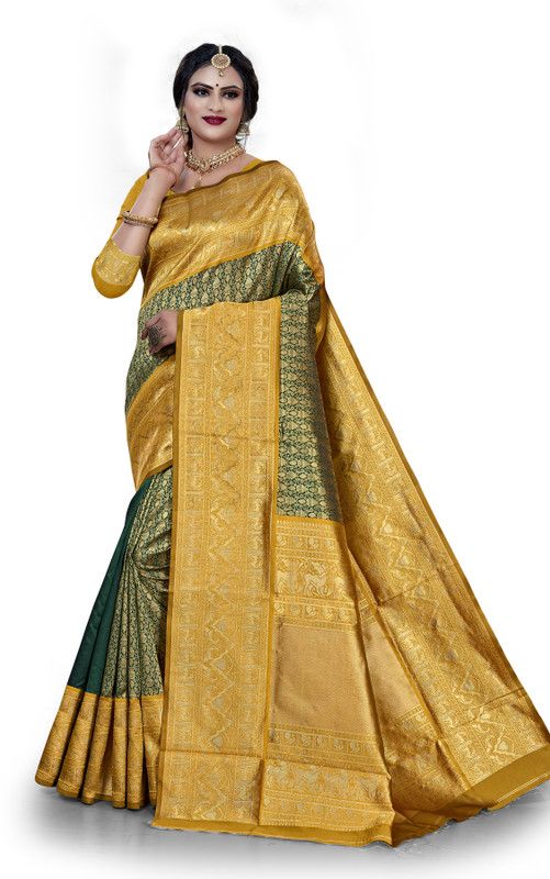 Solid/Plain Banarasi Jacquard Saree  (Dark Green)