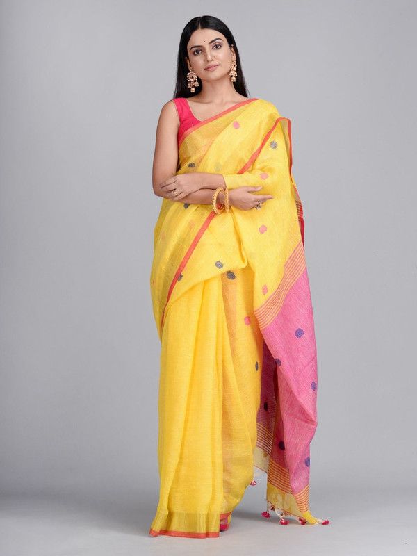 Woven Handloom Pure Cotton Saree  (Yellow, Pink)