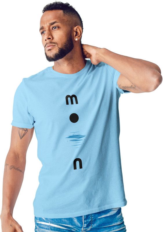 Men Printed Round Neck Cotton Blend Light Blue T-Shirt