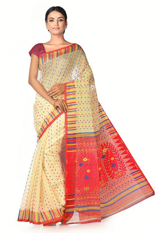 Woven Jamdani Handloom Cotton Blend Saree  (Beige)