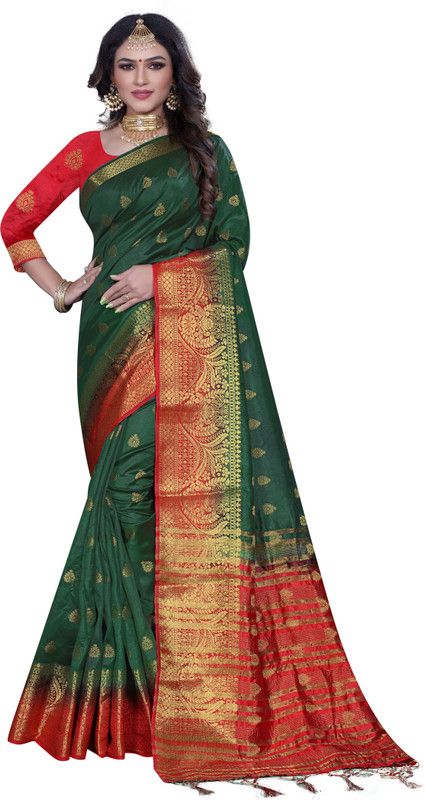 Self Design Banarasi Art Silk Saree  (Red, Green)