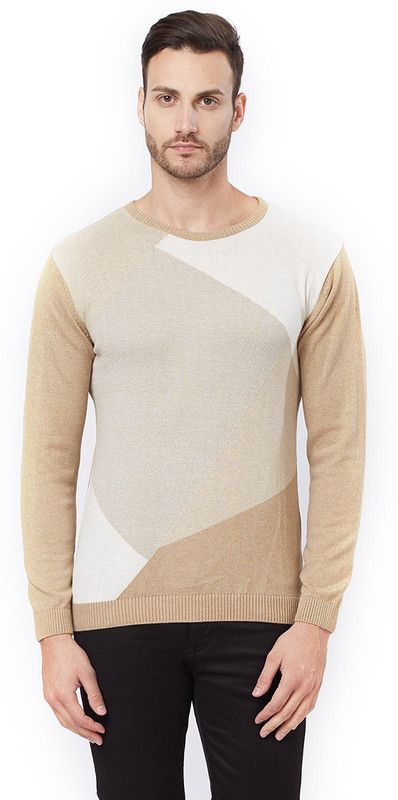 Men Printed Round Neck Beige Sweater