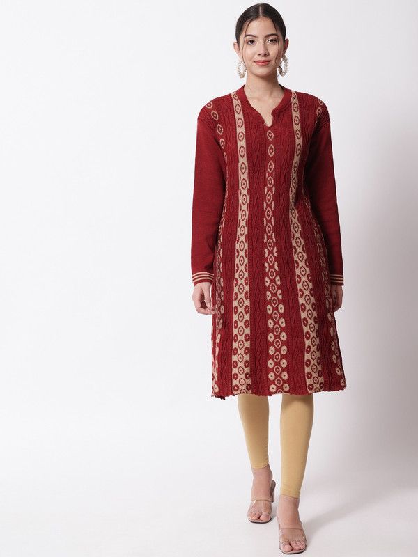 Women Self Design Wool Flared Kurta  (Maroon)