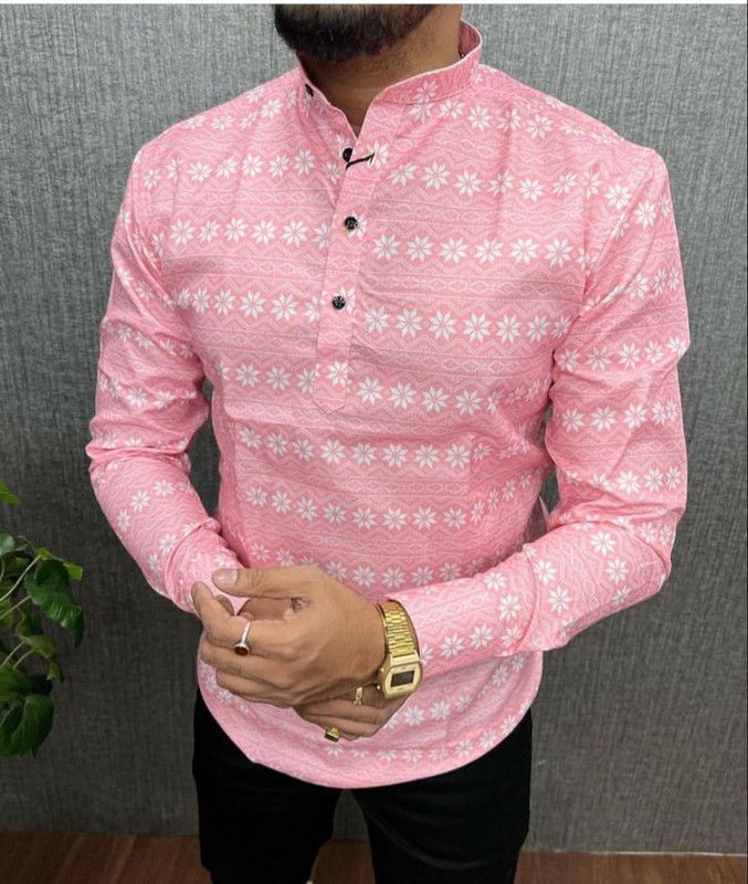 Men Floral Print Cotton Blend Straight Kurta  (Pink)