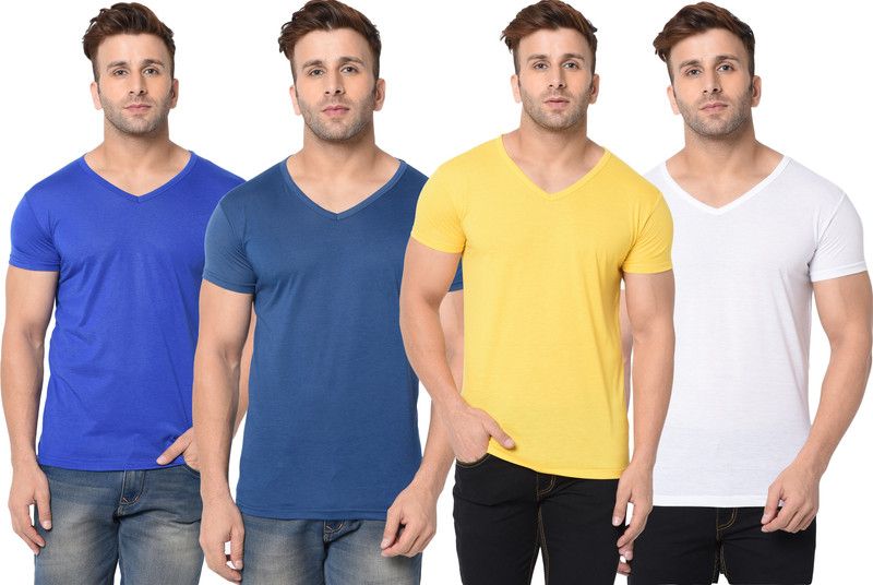 Pack of 4 Men Solid V Neck Cotton Blend White, Blue, Yellow T-Shirt