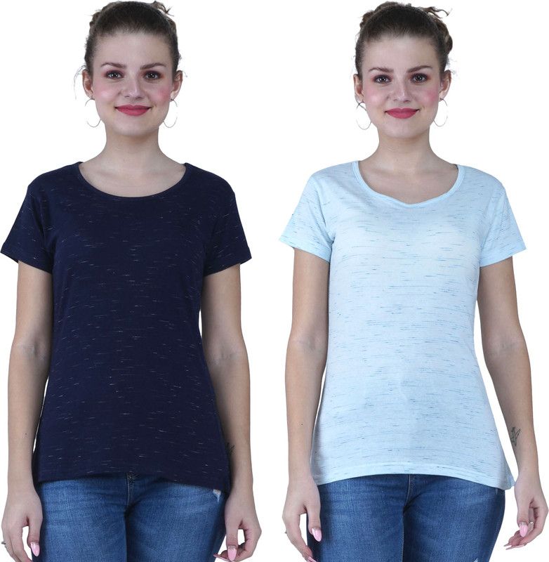 Pack of 2 Women Self Design Round Neck Poly Cotton Light Blue T-Shirt