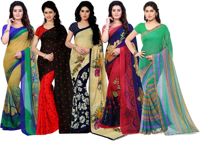 Polka Print Daily Wear Georgette Saree  (Pack of 5, Multicolor)