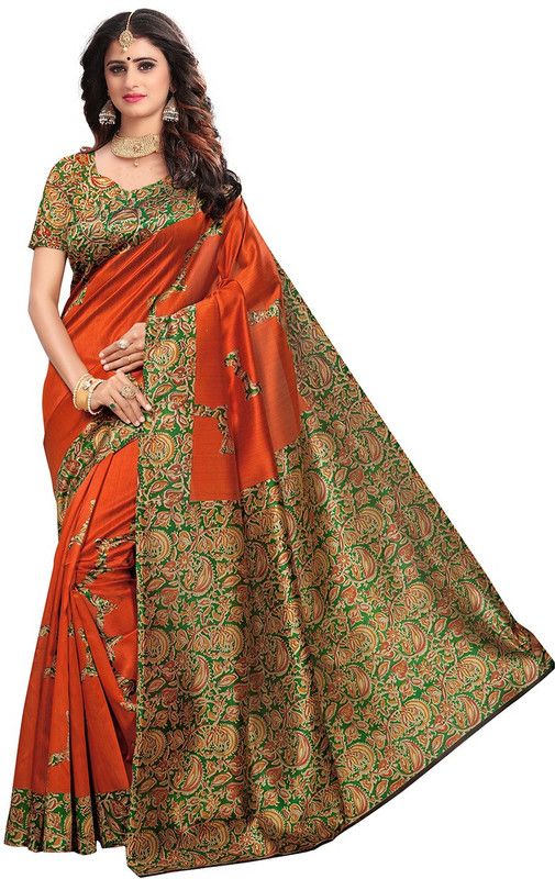 Printed Kalamkari Silk Blend Saree  (Orange)