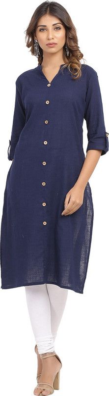 Women Solid Cotton Blend Frontslit Kurta  (Dark Blue)