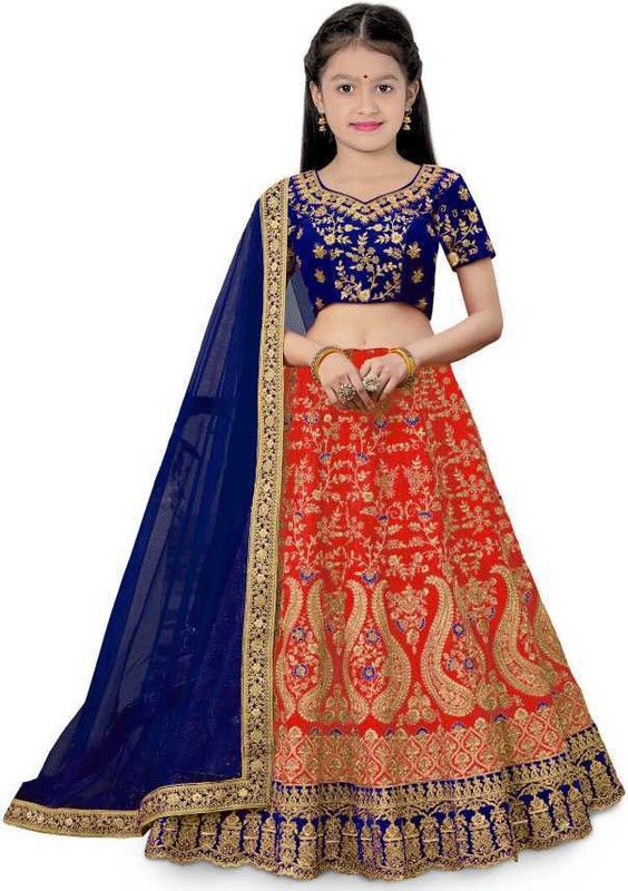Girls Lehenga Choli Ethnic Wear, Party Wear Embroidered Lehenga, Choli and Dupatta Set  (Red, Pack of 1)