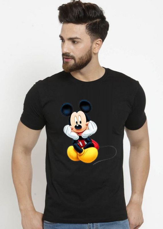 Men Cartoon Round Neck Cotton Blend Black T-Shirt