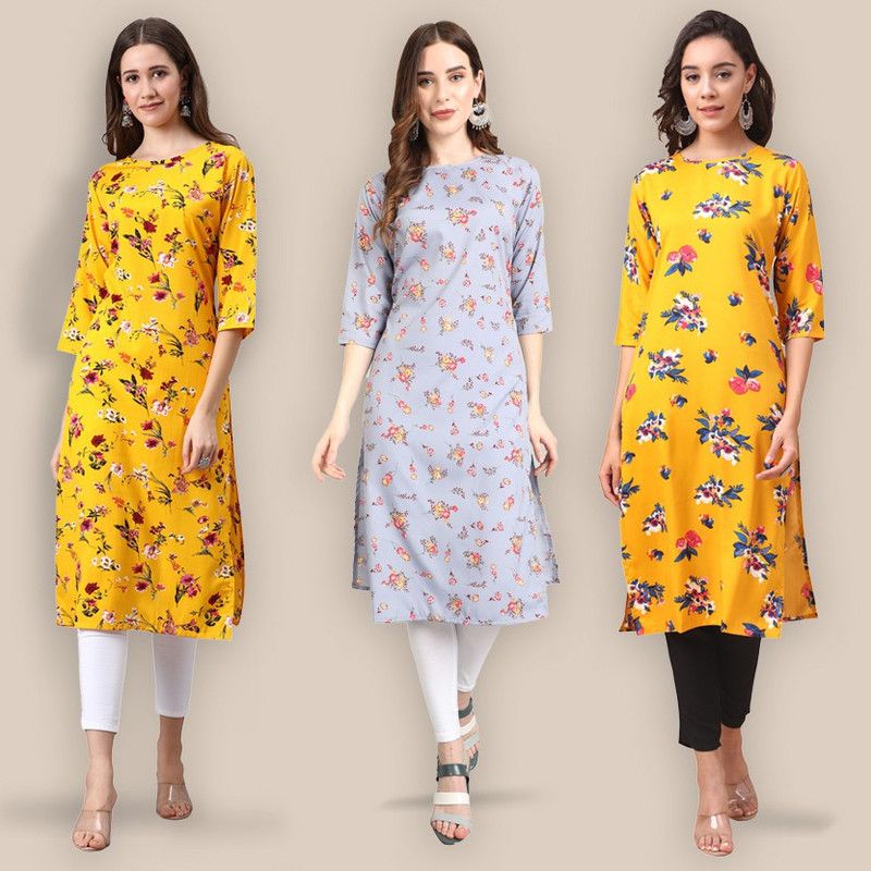 Pack of 3 Women Floral Print Crepe Straight Kurta  (Yellow)